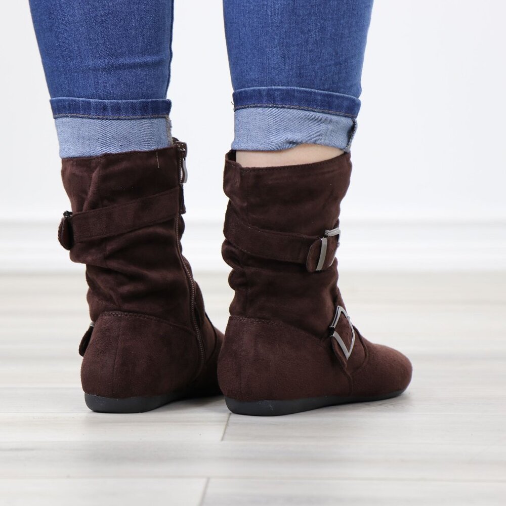 Brown Suede Buckle Boots  Flat Sole Slouchy Fit Everyday Fall Style - Picture 7 of 14